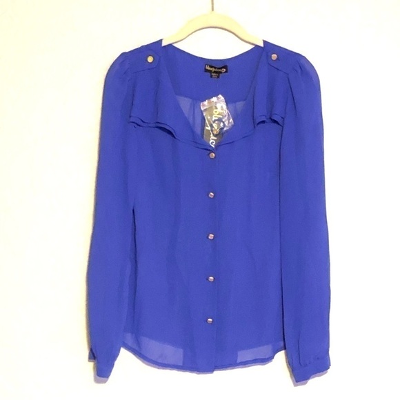 Blue Juice Cobalt Sheer Blouse With Golden Accent Buttons NWT Sz S - Picture 1 of 9